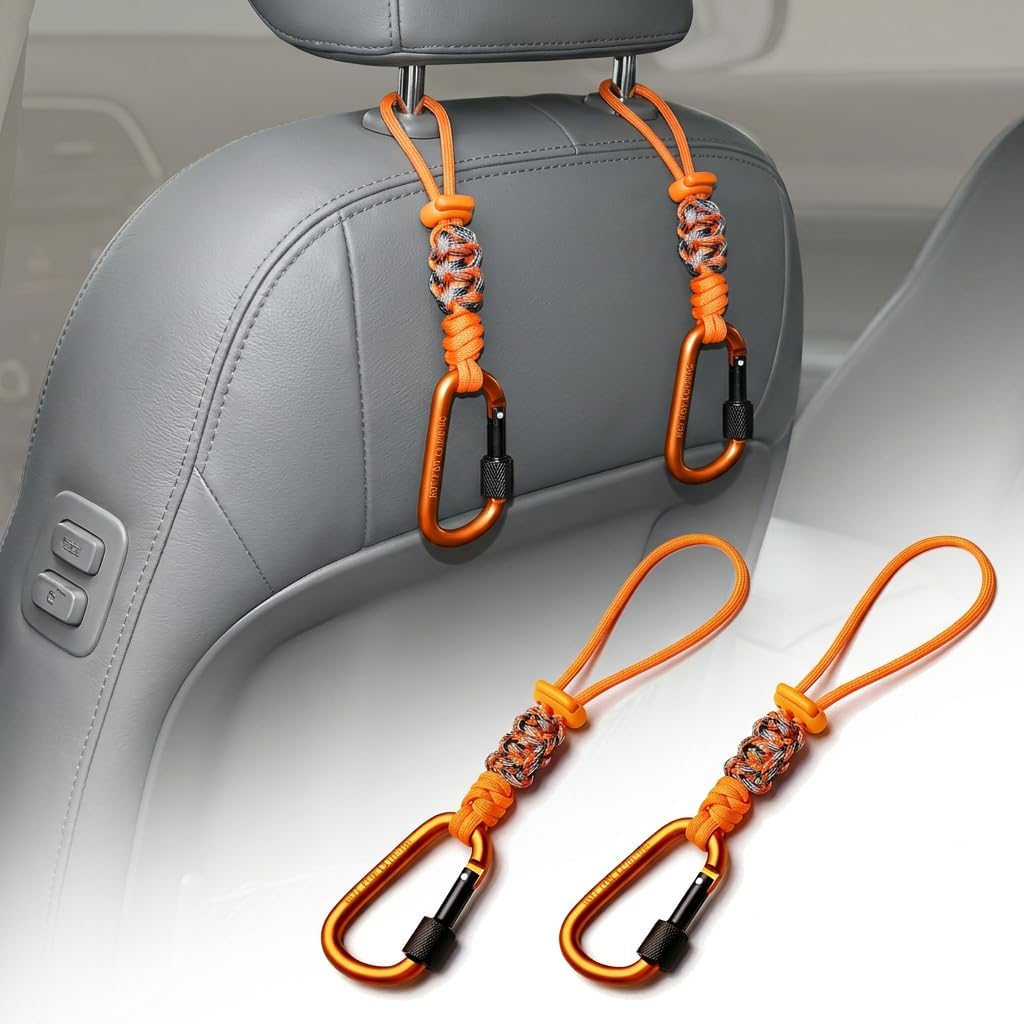 Car Seat Back Hooks 2 Pack - Heavy Duty Rope & Metal Buckle Car Hangers, No Wobble Multi-Purpose Organizer for Grocery Bags, Backpacks, Umbrellas