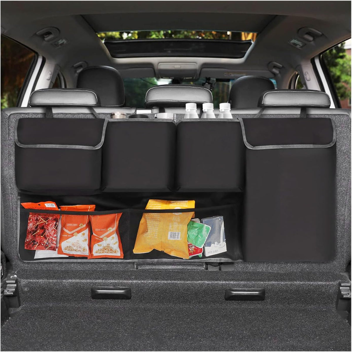 Car Trunk Hanging Organizer, Foldable Backseat Hanging Storage Bag with 6 Large Pockets 2 Hooks