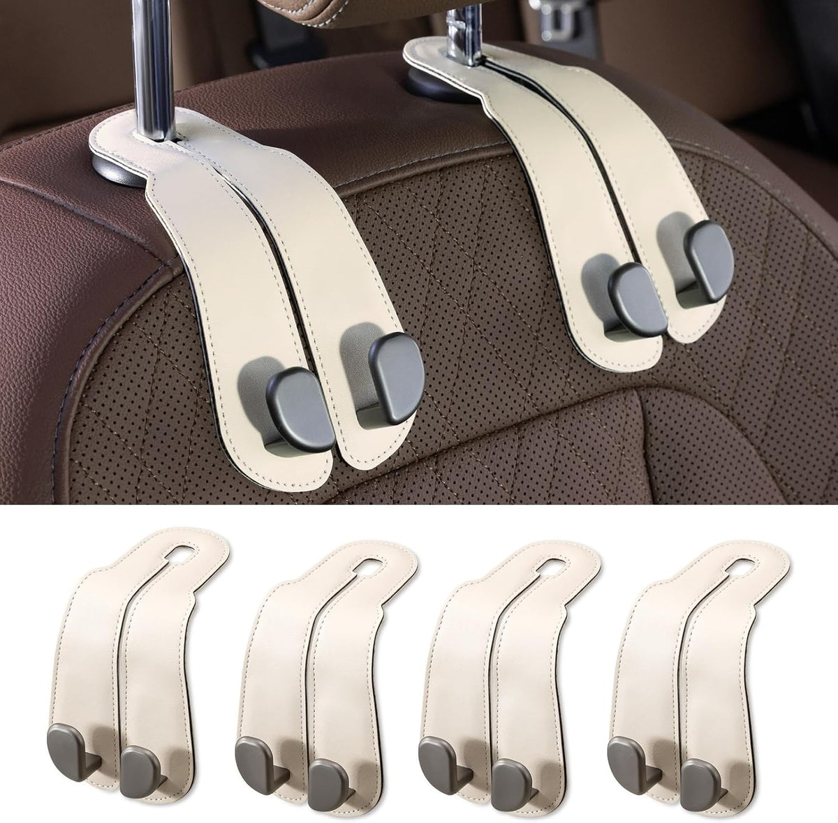 Purse Hook for Car - Universal Premium Stitched Leather and Aluminum-Magnesium Alloy Double Car Seat Back Storage Hook for Purses, Handbags