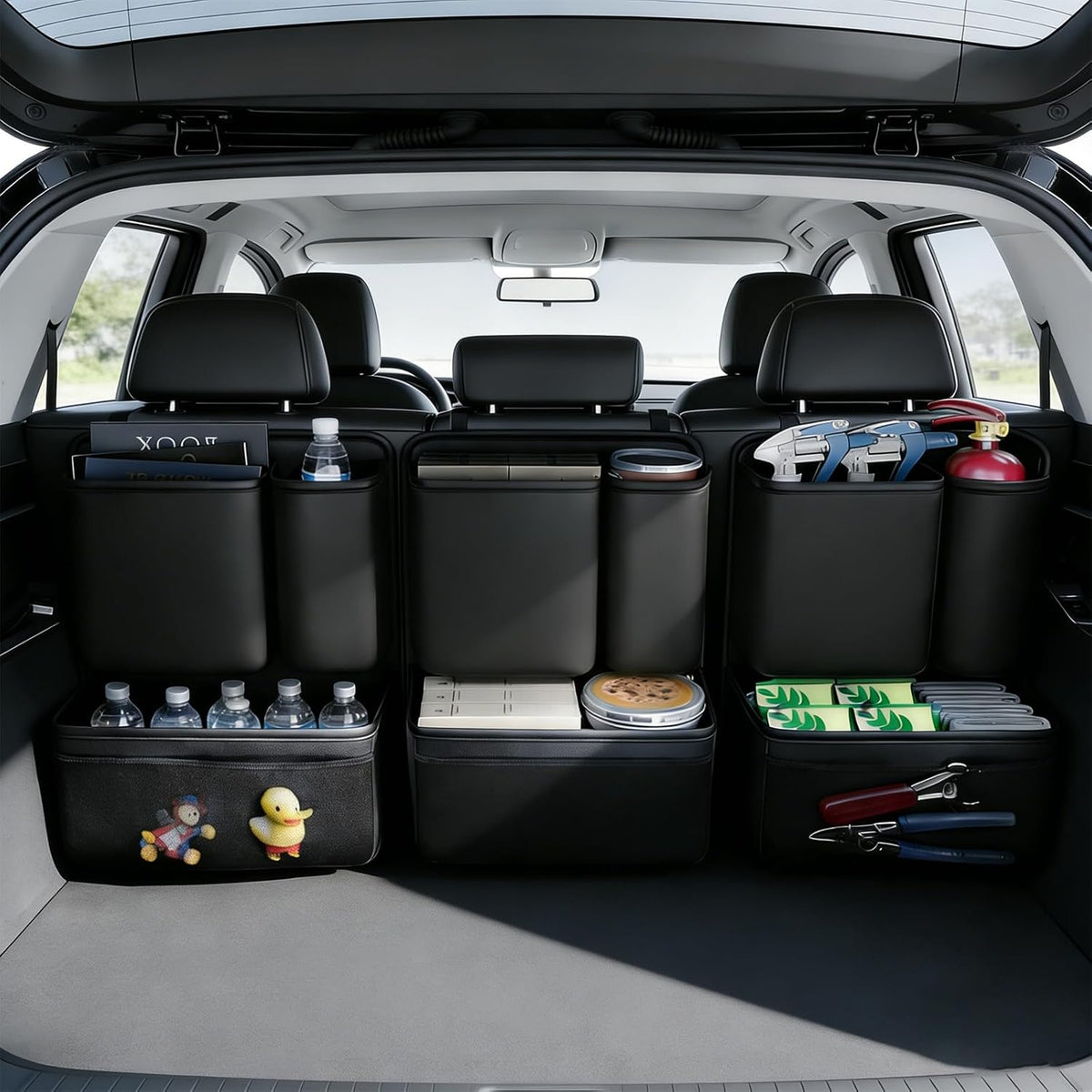 3 Pack Car Rear Seat Organizer, Open-Top Leather Backseat Storage Box with Cup Holder & Umbrella Strap, Hanging Trunk Organizer for SUVs, Trucks, Vans